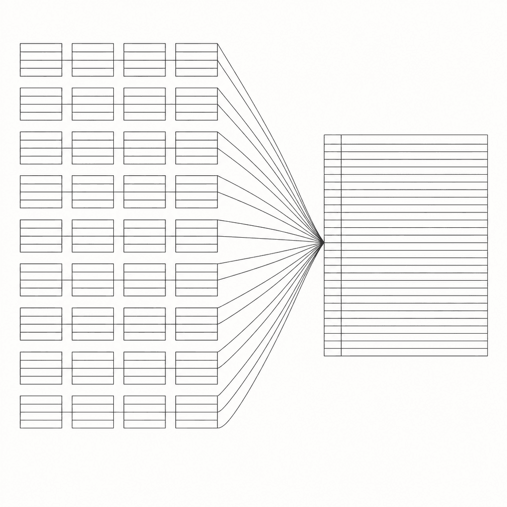 Line diagram: dozens of separate report blocks converging into a single ruled table